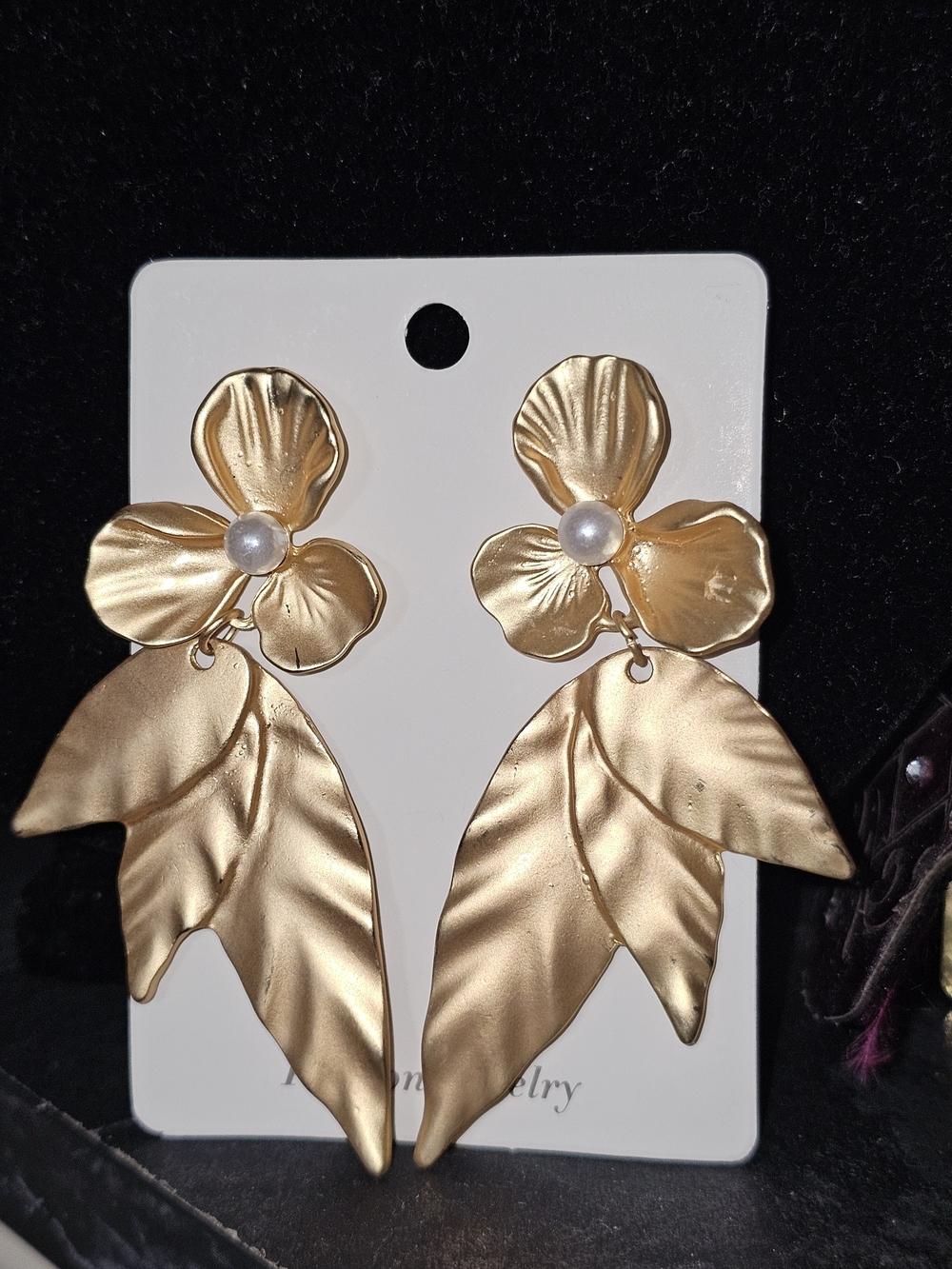 Gold Floral Leaf Drop Earrings with Pearl Accent